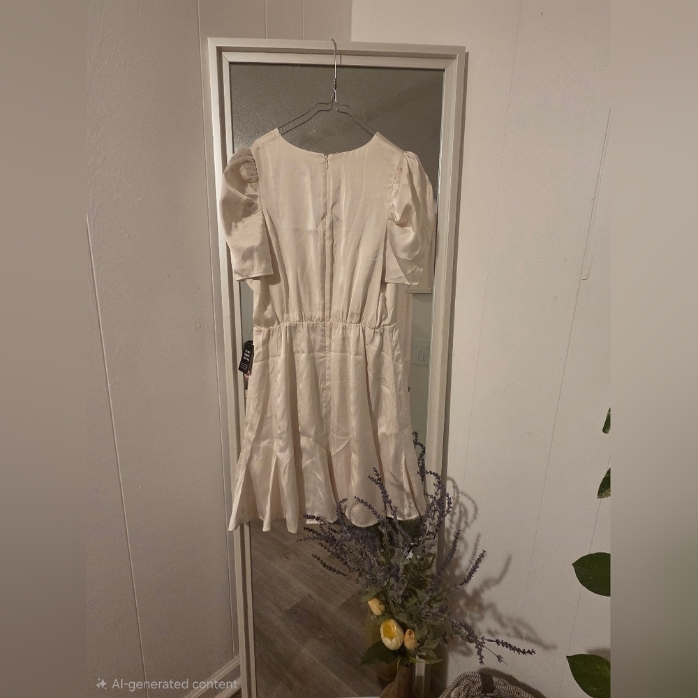 Express satin puff sleeve ruffle mini dress in a cream color. - Picture 2 of 9